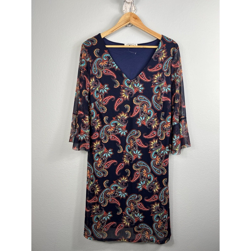 Jamie & Layla Women's Petite XL Dress 3/4 Sleeve Navy Blue Multi Paisley Print‎